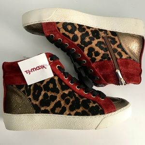 Burgundy and Cheetah Print Sneakers